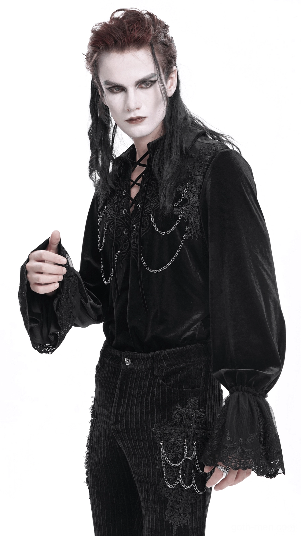 Black velvet gothic shirt front embroidery pattern and lace-up grommet placement
