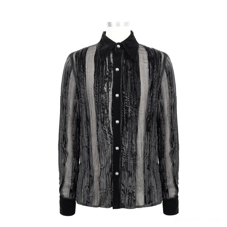 Front full view of black velvet sheer stripe dress shirt on mannequin showcasing silver buttons and black velvet collar details