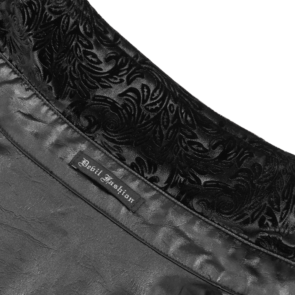 Black gothic velvet men's shirt full body view displaying tailored fitted silhouette and complete design aesthetic