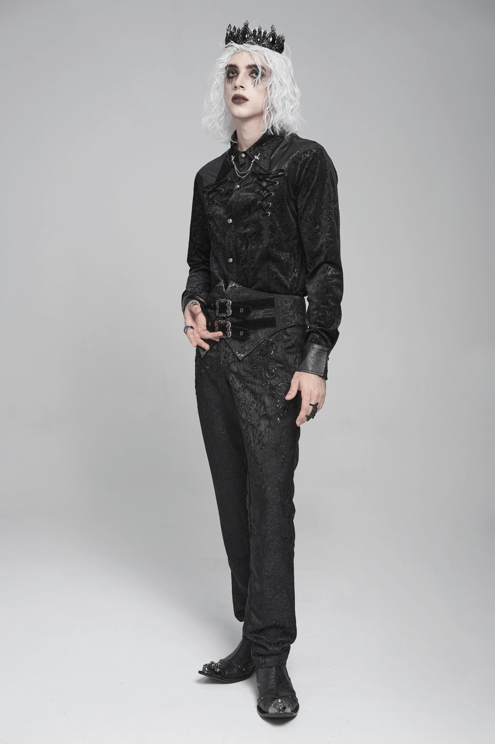 Black velvet gothic shirt full garment view displaying embossed pattern throughout and tailored silhouette from front angle