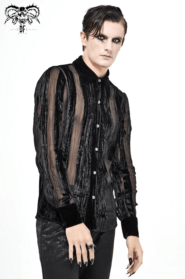 Full-length styled shot of black velvet gothic shirt with sheer stripes for alternative fashion styling inspiration