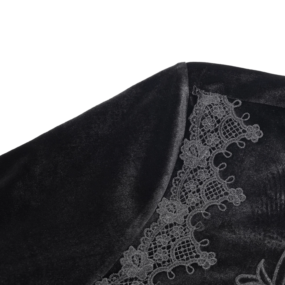 Black velvet gothic shirt lace cuff detail showing delicate lace trim and velvet base fabric