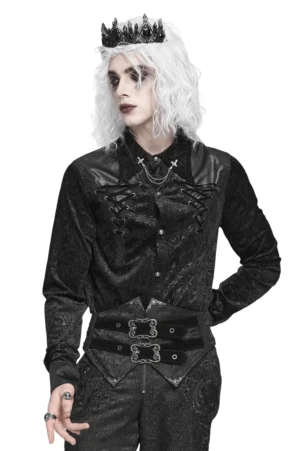 Black velvet gothic men's shirt with faux leather shoulder trim and metal-eyelet lace-up front detail, embossed baroque floral pattern