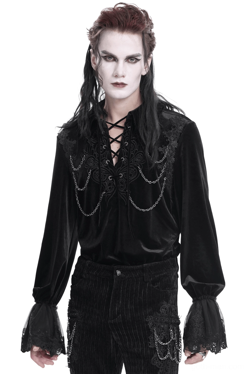 Black velvet gothic shirt front view with ornate lace-up design and chain accents on male model