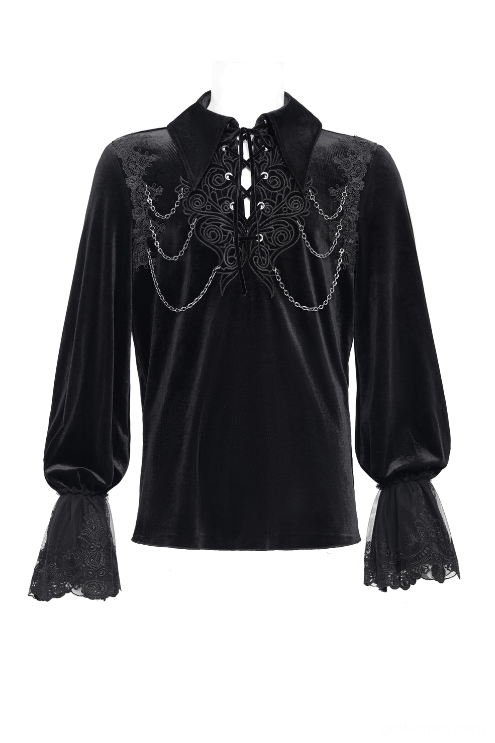 Black velvet gothic shirt full length display on mannequin showing lace-up front and proportions