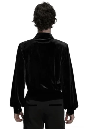 Black gothic velvet long-sleeve shirt rear view on model showing smooth back and elasticated hem design