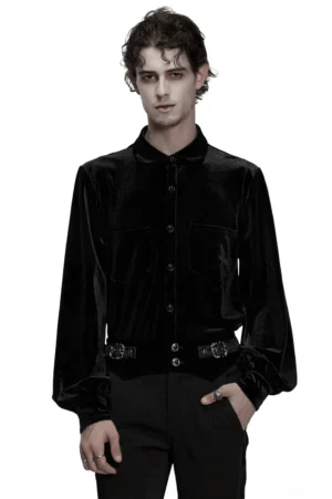 Black velvet gothic shirt for men with lantern sleeves, front three-quarter view on model showing diamond pearl buttons and fitted silhouette