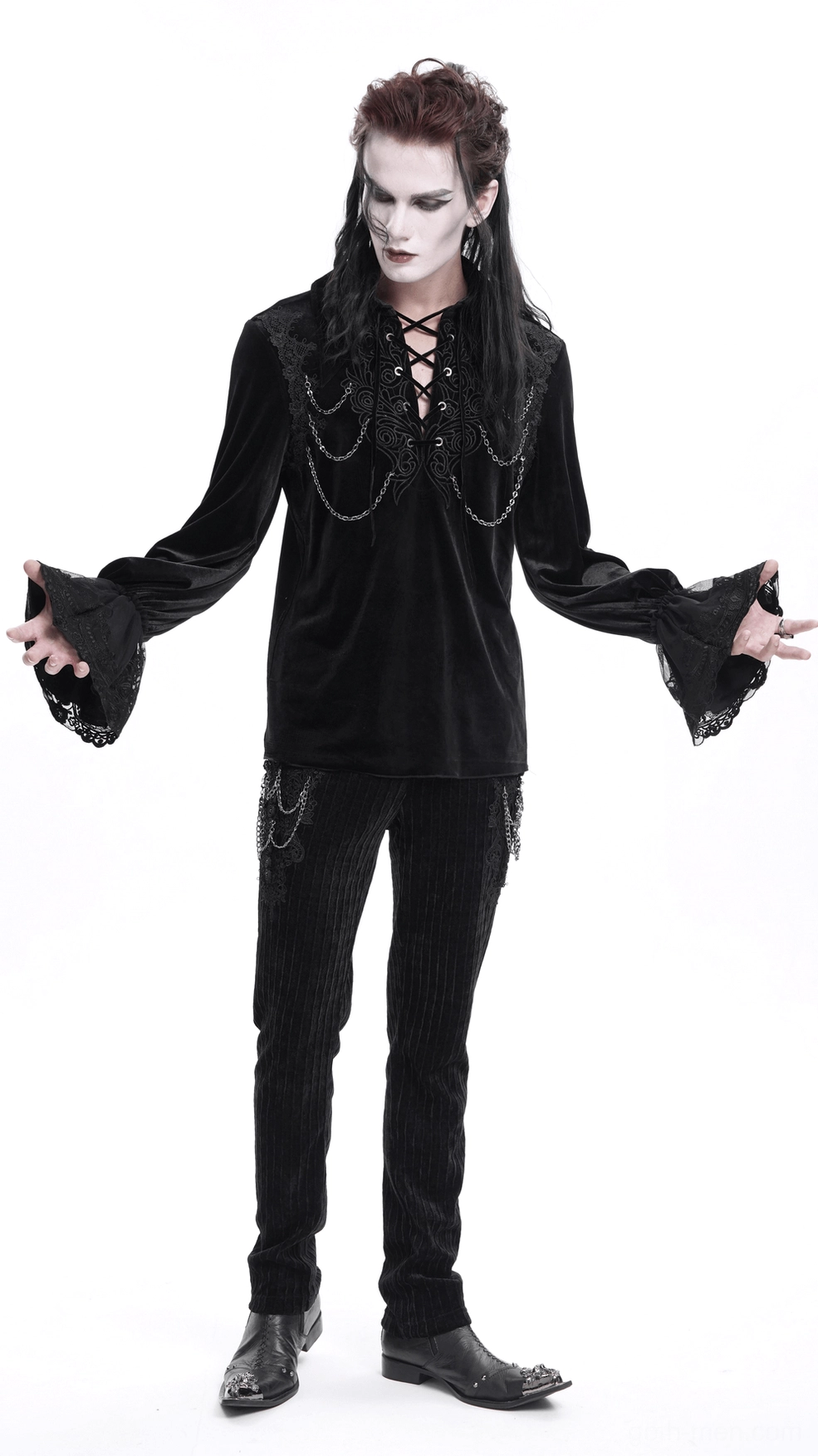 Black gothic velvet shirt sizing comparison showing multiple sizes on display