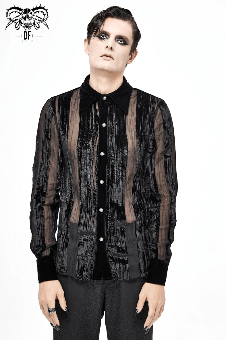 Detailed side view of black velvet gothic shirt showcasing sheer panel construction and fabric layering