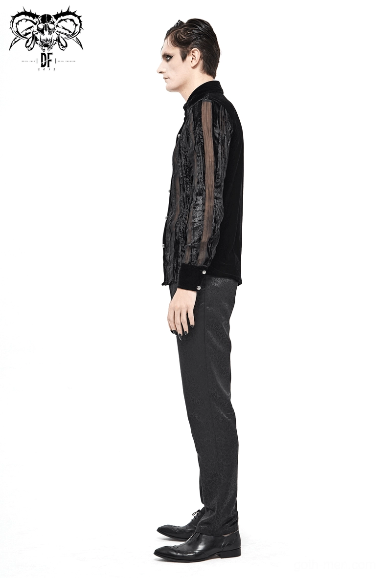 Side profile of black velvet gothic shirt demonstrating slim fit silhouette and transparent panel design