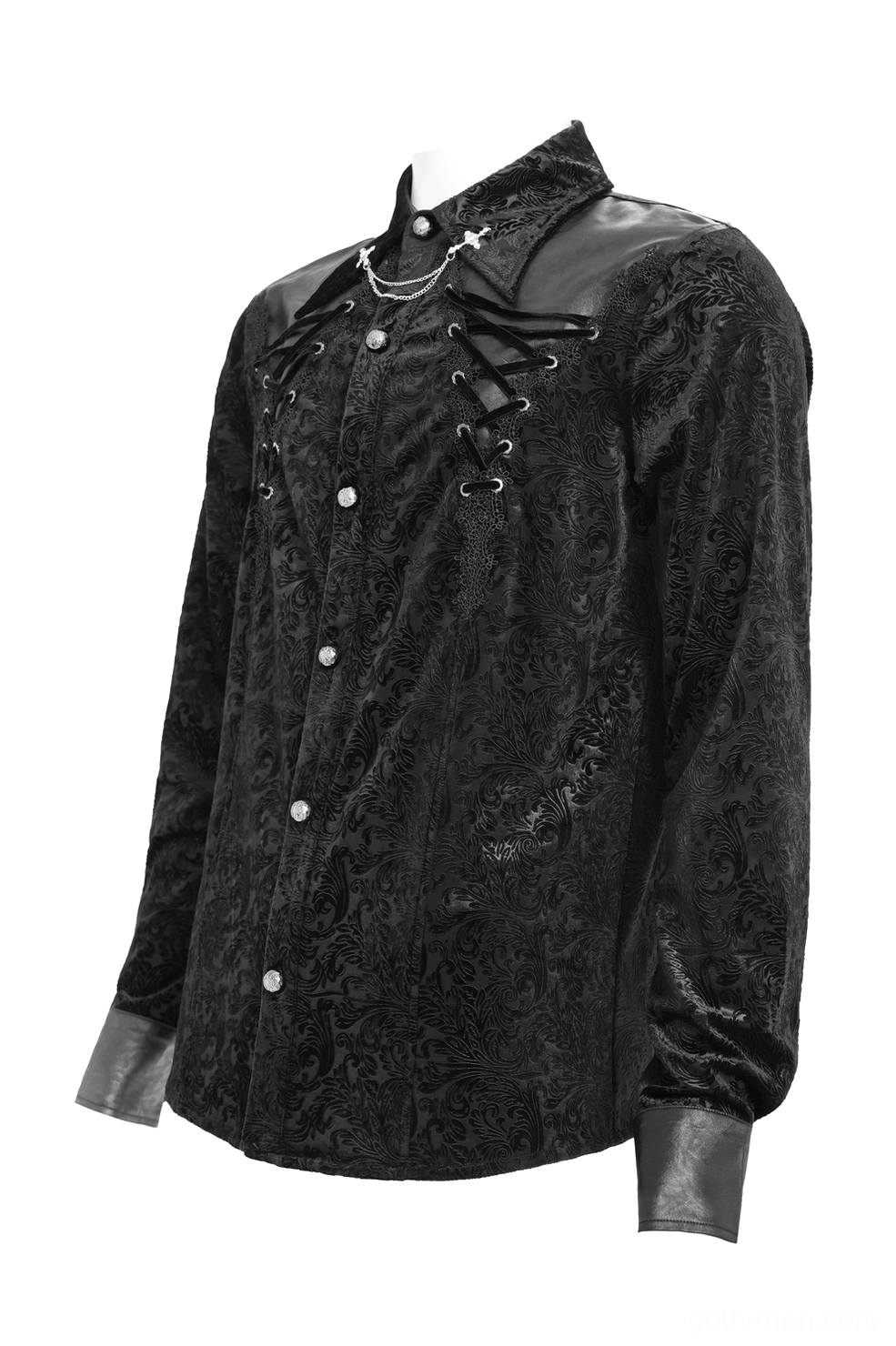 Side profile of black gothic velvet shirt highlighting fitted silhouette, leather cuff trim, and lace-up front corset design