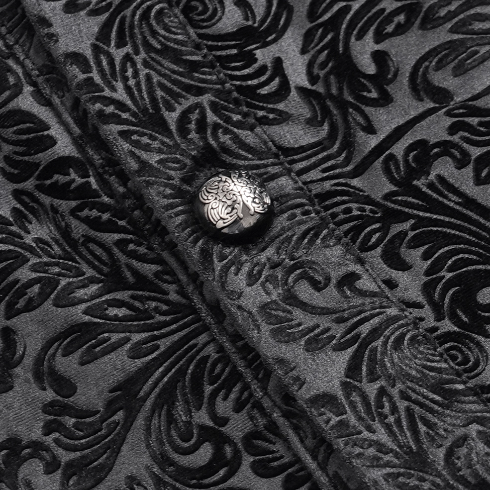 Black gothic velvet shirt showcasing leather cuff accents and metal detailing on tailored sleeve design