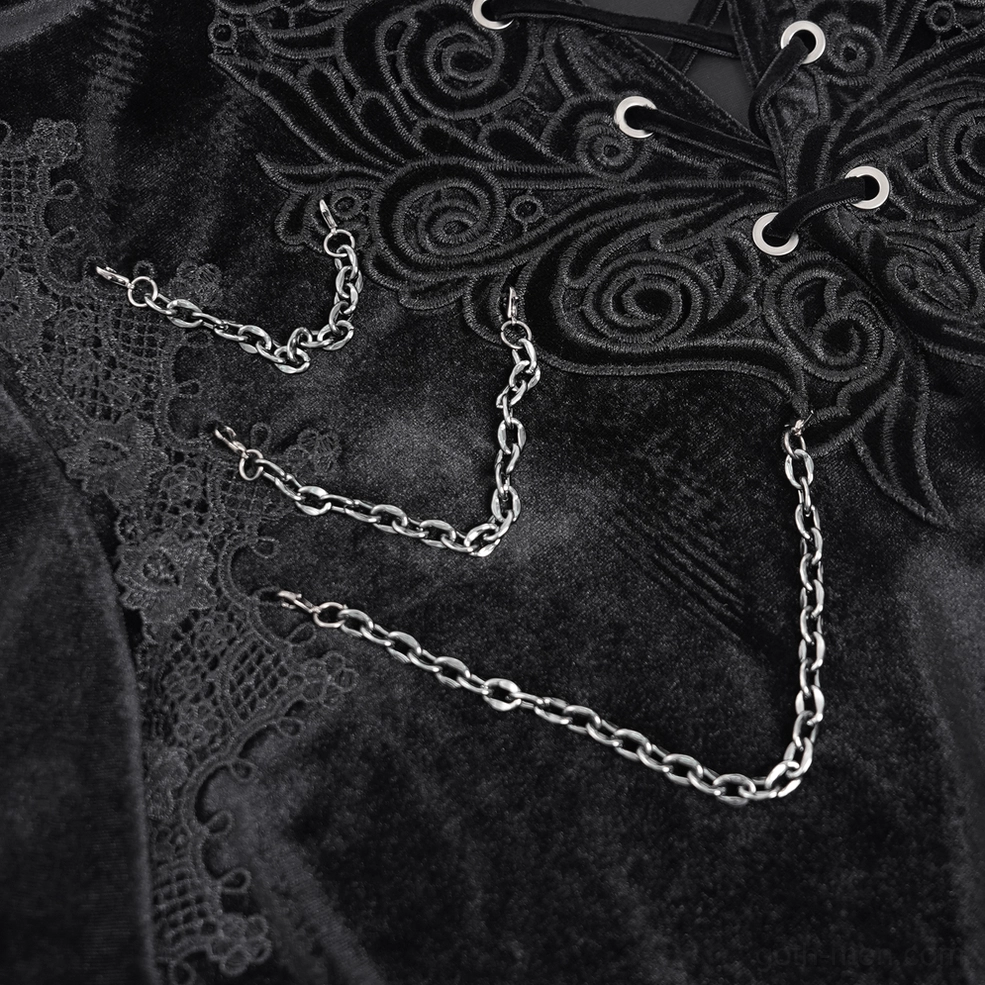 Black velvet gothic shirt sleeve detail showing bell sleeve cut and lace cuff construction