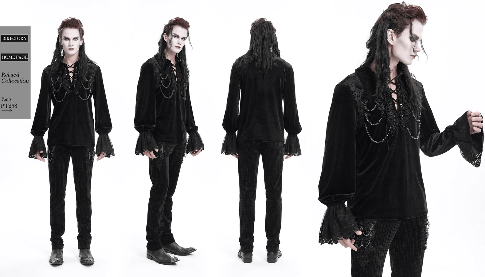 Black velvet gothic shirt alternative styling example with goth accessories and layering options
