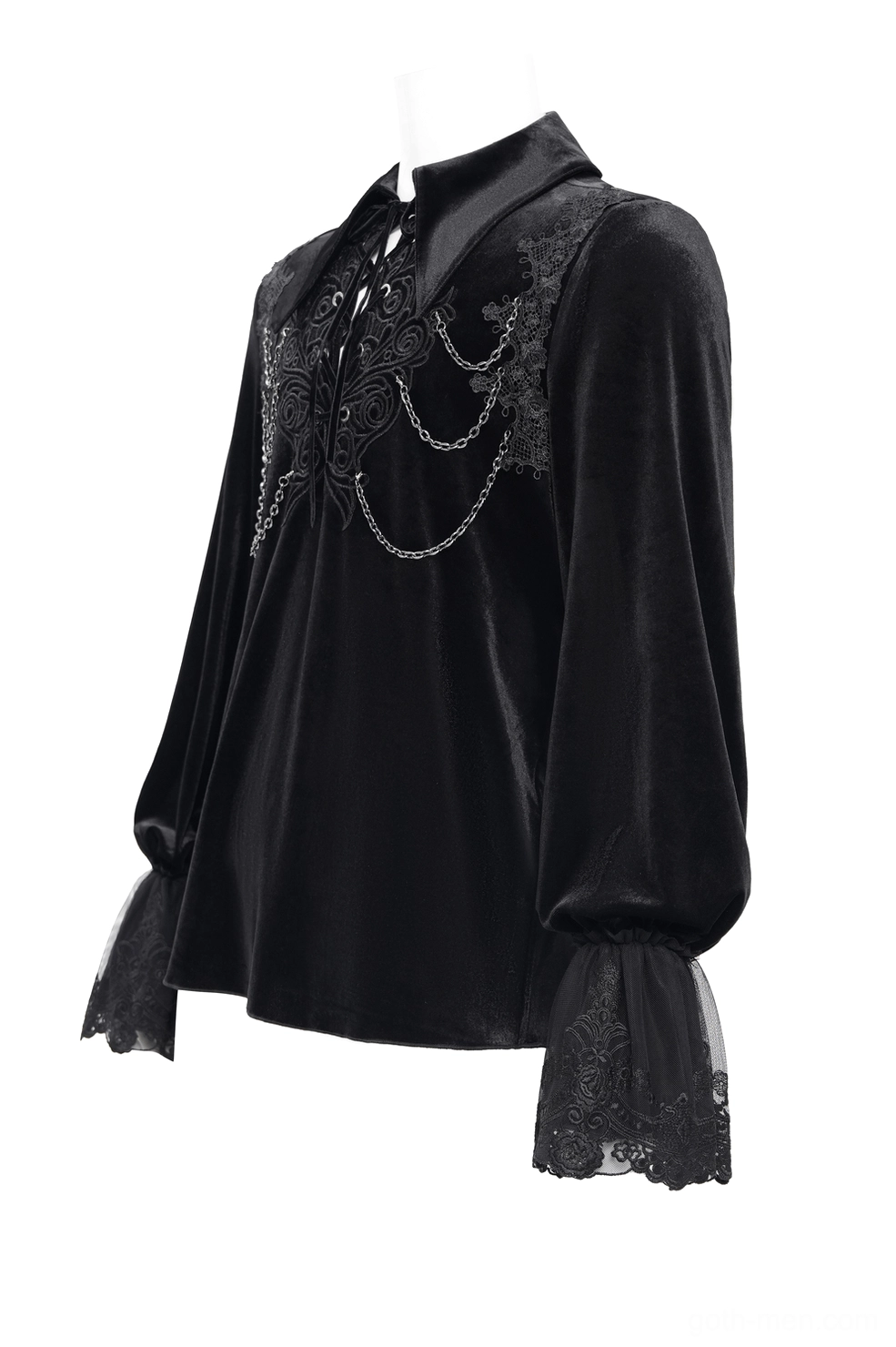 Black gothic velvet shirt three-quarter view displaying bell sleeves with lace trimming