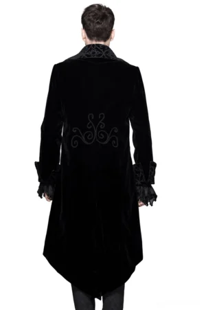 Black velvet gothic tailcoat rear view with split tail hem and back chain embroidery detail