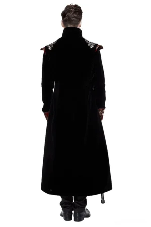 Black velvet gothic tailcoat back view showing high stand collar and split tail hem design