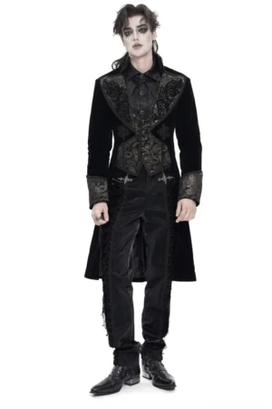 Black velvet gothic tailcoat with bronze baroque embroidery front full-body view on male model