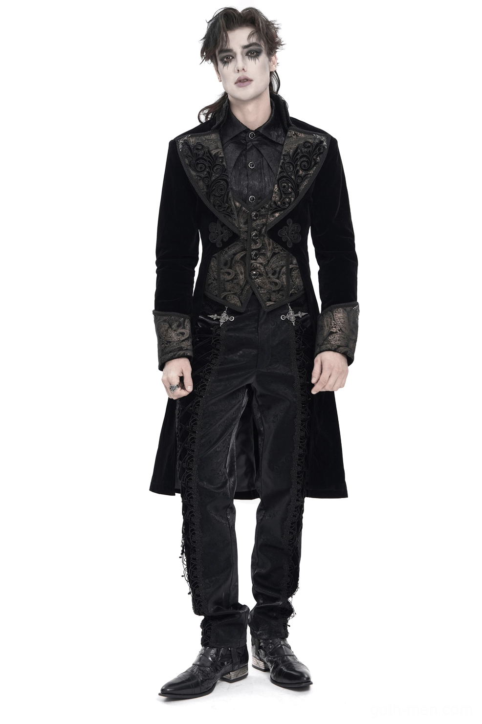 Black velvet gothic tailcoat with bronze baroque embroidery front full-body view on male model