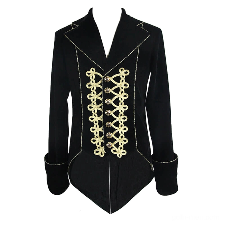 Flat lay display of black velvet tailcoat showing notched lapels, gold lace-up embroidery, and structured fitted cut
