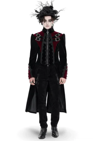 Black velvet gothic tailcoat with ornate lace trim, cross zipper, and burgundy accents shown on male model in studio front view