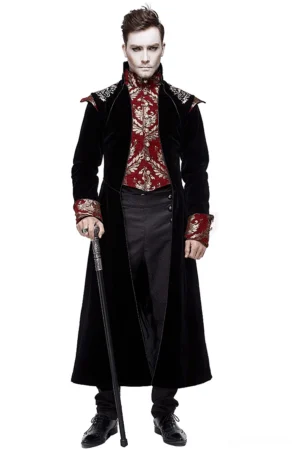 Black velvet gothic tailcoat with gold embroidered shoulder patterns and red inner shirt detail, front view on male model