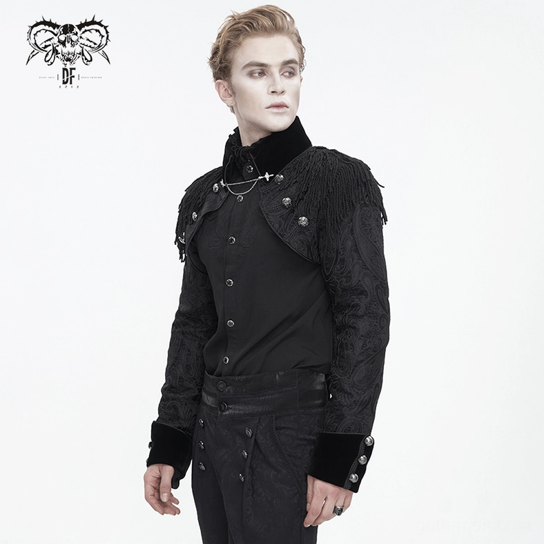 Black velvet gothic tailcoat with paisley embroidery, tassels, and skull hardware—premium alternative formal jacket