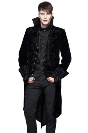 Black velvet gothic tailcoat with stand collar and chain embroidery front three-quarter view on male model