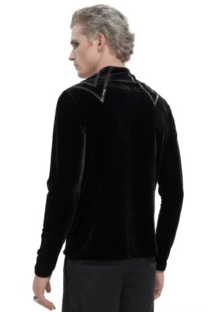 Black velvet gothic top rear full body view displaying shoulder leather chevron accents and back silhouette
