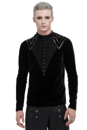 Black velvet gothic long sleeve top with leather chevron trims - front full body view on male model showcasing slim fit and button placket