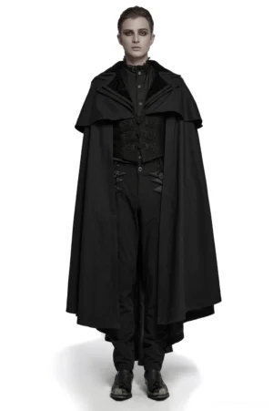 Male model wearing black velvet gothic vampire cloak with double layered collar, front full-body studio view