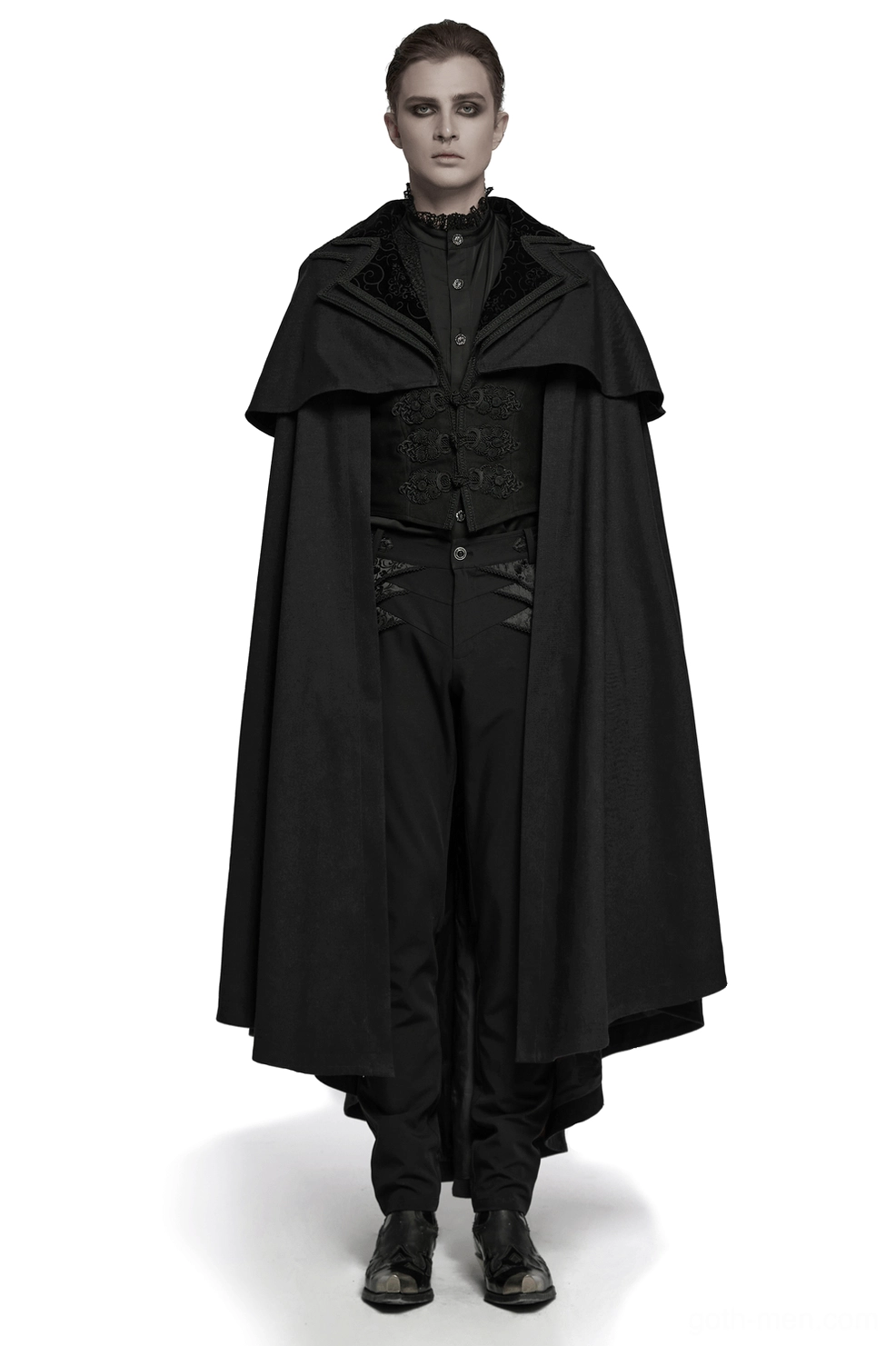 Male model wearing black velvet gothic vampire cloak with double layered collar, front full-body studio view