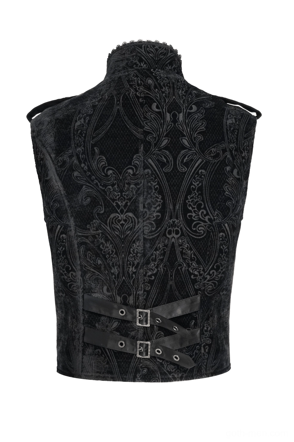 Back flat display of men's black gothic velvet waistcoat featuring damask woven pattern and dual leather buckled straps