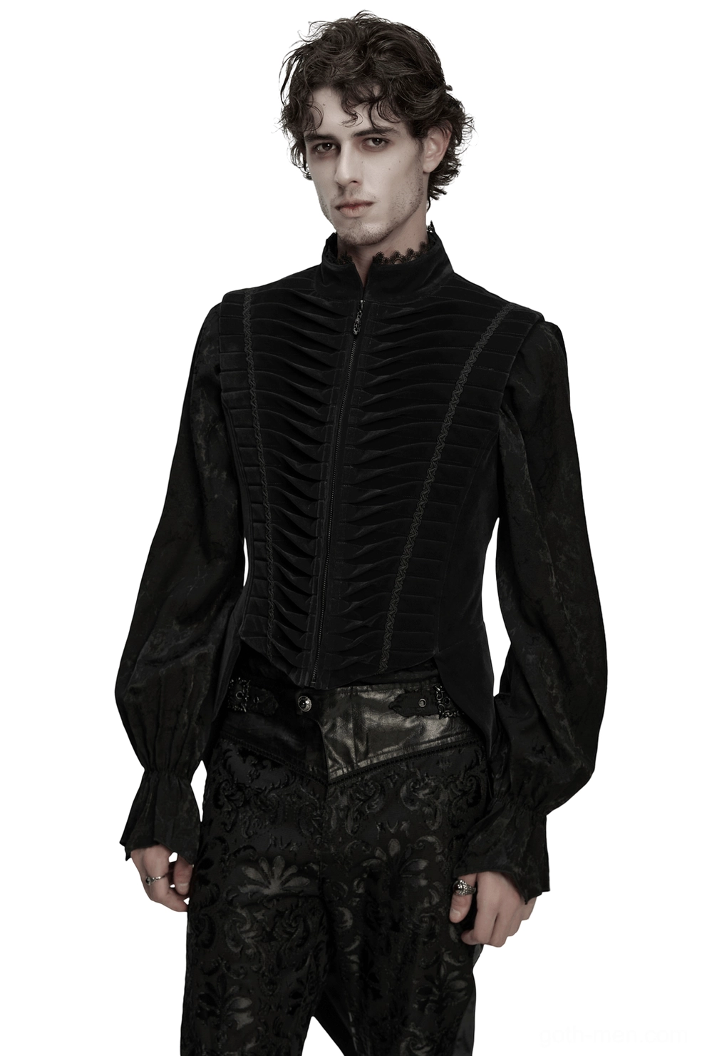 Black velvet gothic waistcoat front view with lace collar, structured pleats, and tailcoat hem on male model