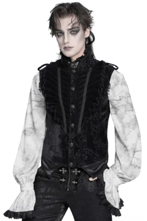 Men's black velvet gothic waistcoat with stand collar, ornate damask pattern, and decorative buttons worn by male model - front three-quarter studio view