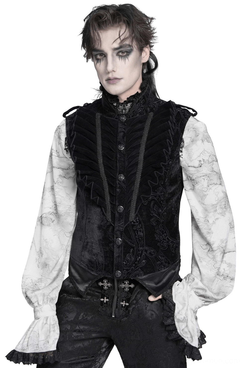 Men's black velvet gothic waistcoat with stand collar, ornate damask pattern, and decorative buttons worn by male model - front three-quarter studio view