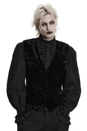 Men's black crushed velvet gothic waistcoat front view with deep V-neckline and ruffled collar shirt