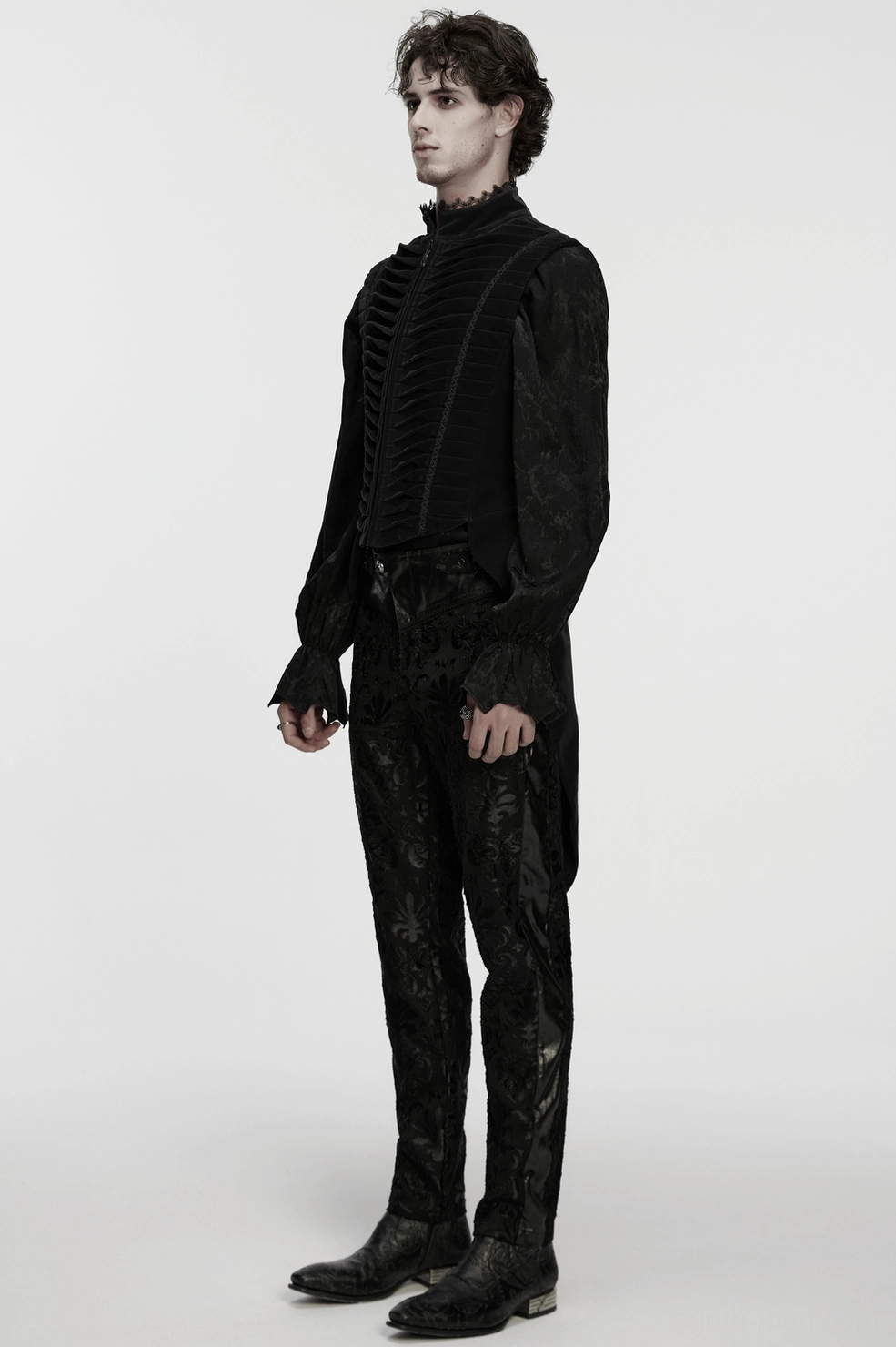 Full body view of black velvet gothic waistcoat worn with styling recommendation