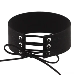 Black suede velvet lace-up gothic choker with metal grommet details, front flat lay view