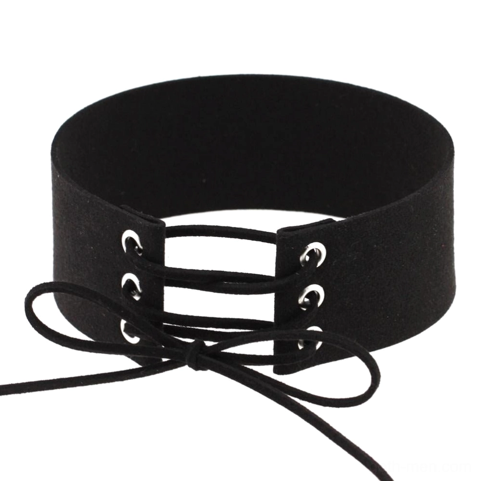 Black suede velvet lace-up gothic choker with metal grommet details, front flat lay view