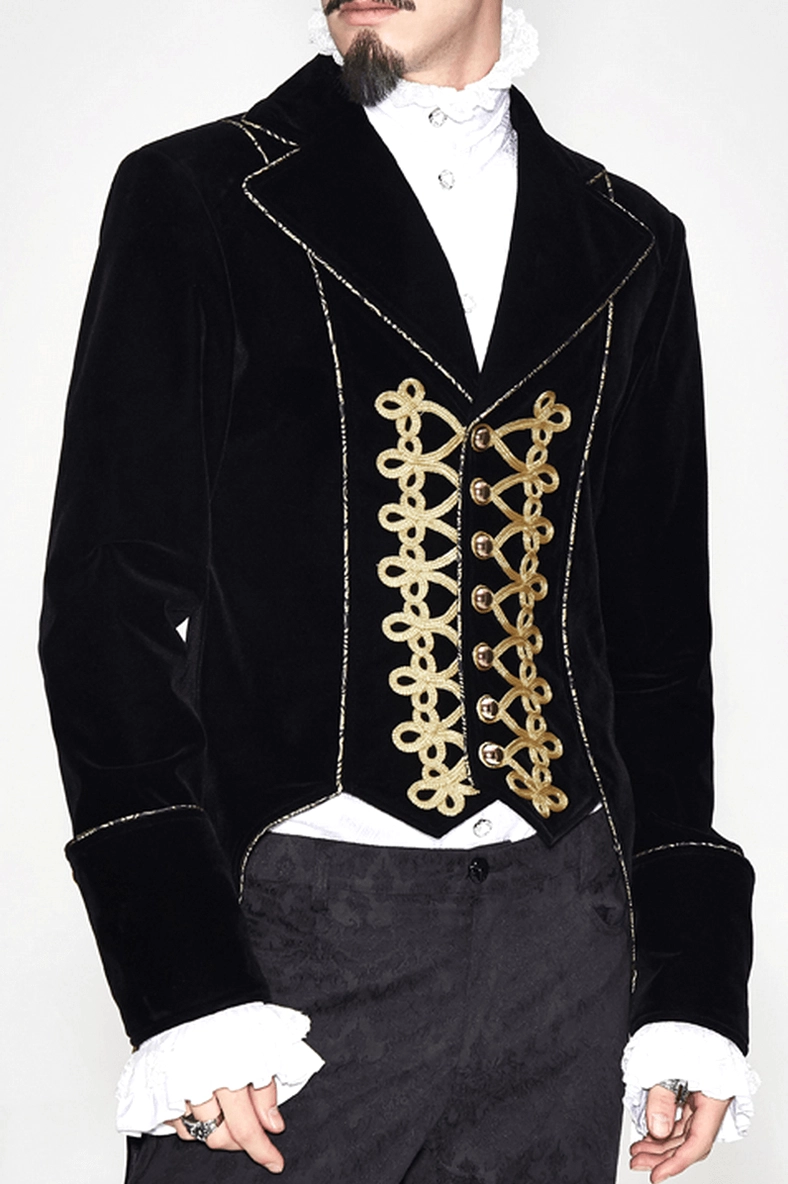 Full-length styling of men's black velvet Gothic tailcoat with model wearing top hat for dramatic effect