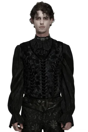 Black velvet lace-up gothic waistcoat front full-body view on male model