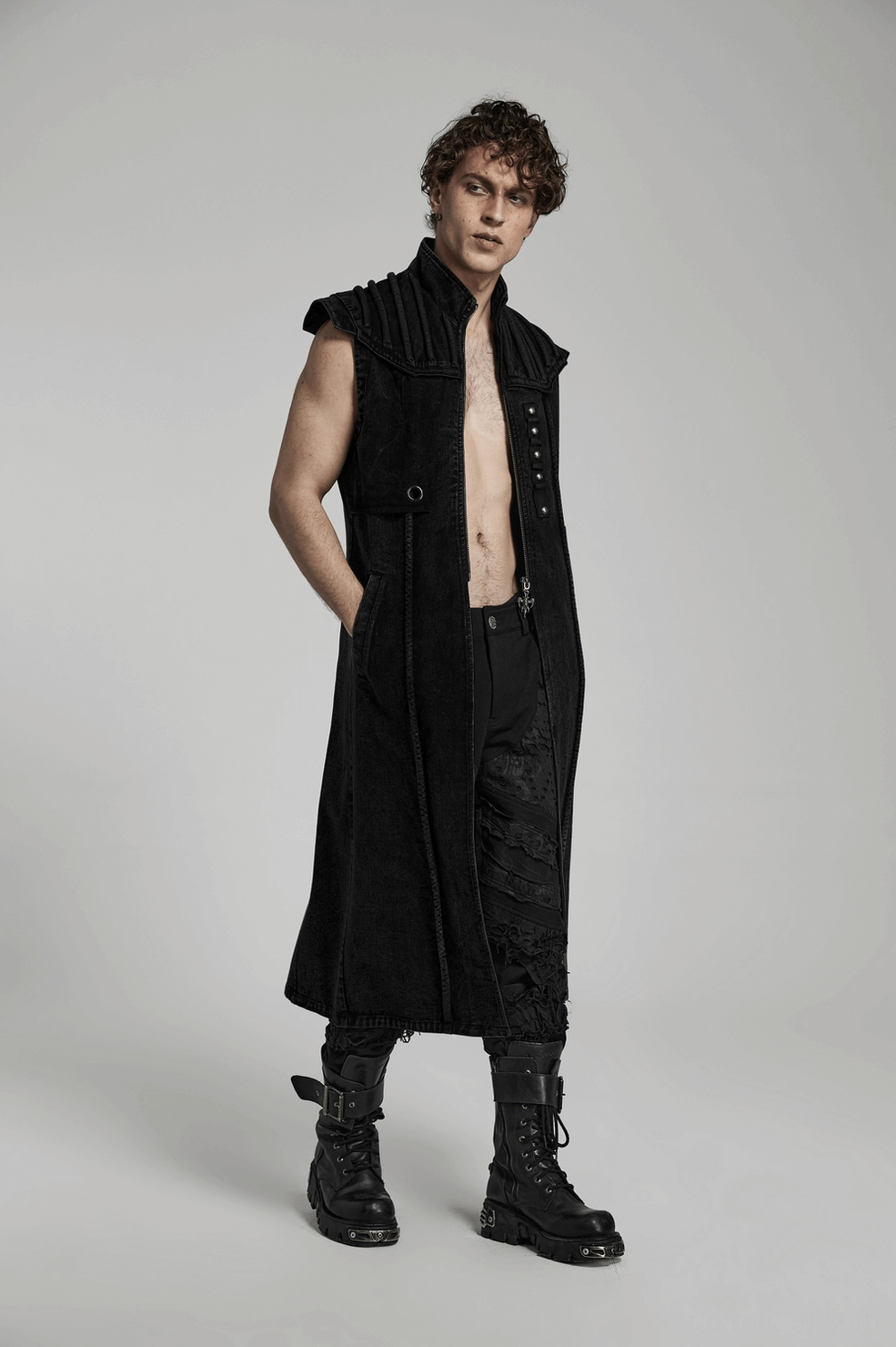 Black gothic denim vest metal eyelet reinforcements and hardware design detail