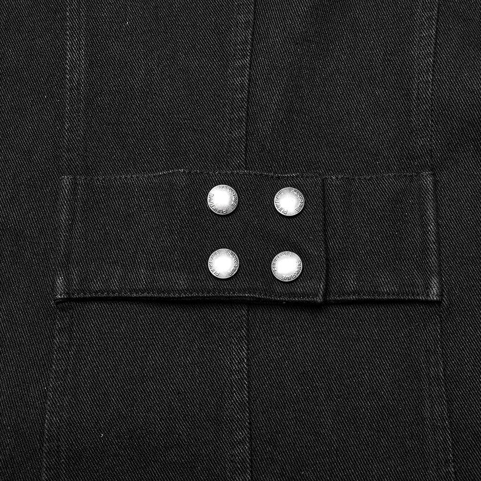Black long denim vest rivet button and strap details punk alternative fashion aesthetic