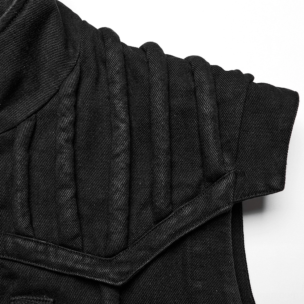 Black distressed denim vest quilted ribbed shoulder detail showing gothic punk craftsmanship