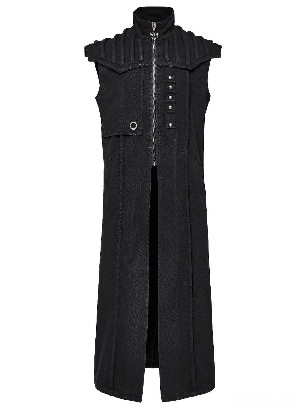Structured padded shoulders black gothic denim vest slim long silhouette flat product shot