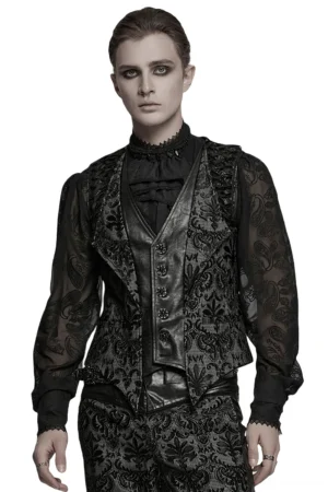 Black damask gothic waistcoat front view worn by male model with sheer ruffled shirt layering