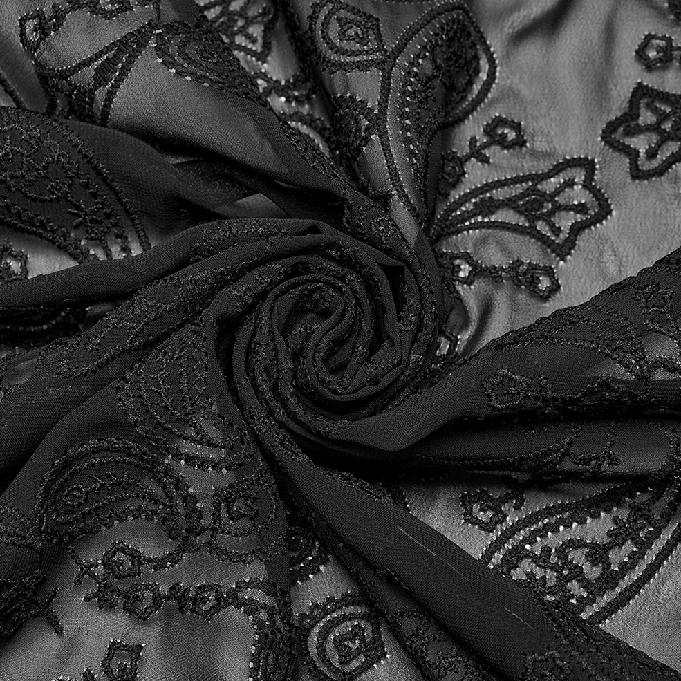 Black Victorian gothic embroidered chiffon shirt lifestyle photography showing elegant draped silhouette