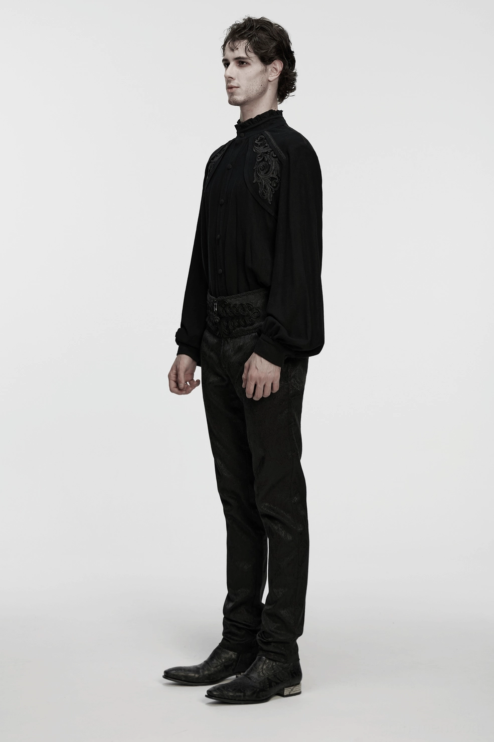 Black Victorian gothic lantern sleeve shirt styling view showing drape, proportion, and dimensional silhouette on display