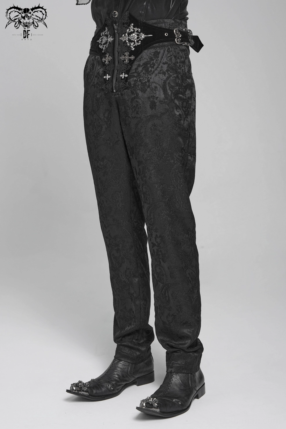 Man wearing black Victorian gothic cargo pants with lace-up waist, front full-body alternative view